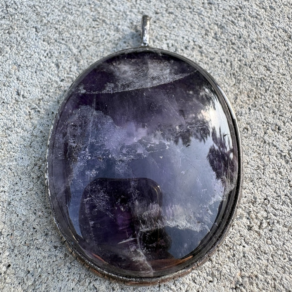 Amethyst Oval Pendant Sun Mushroom Butterfly Celestial Silver Tone 2" Vintage